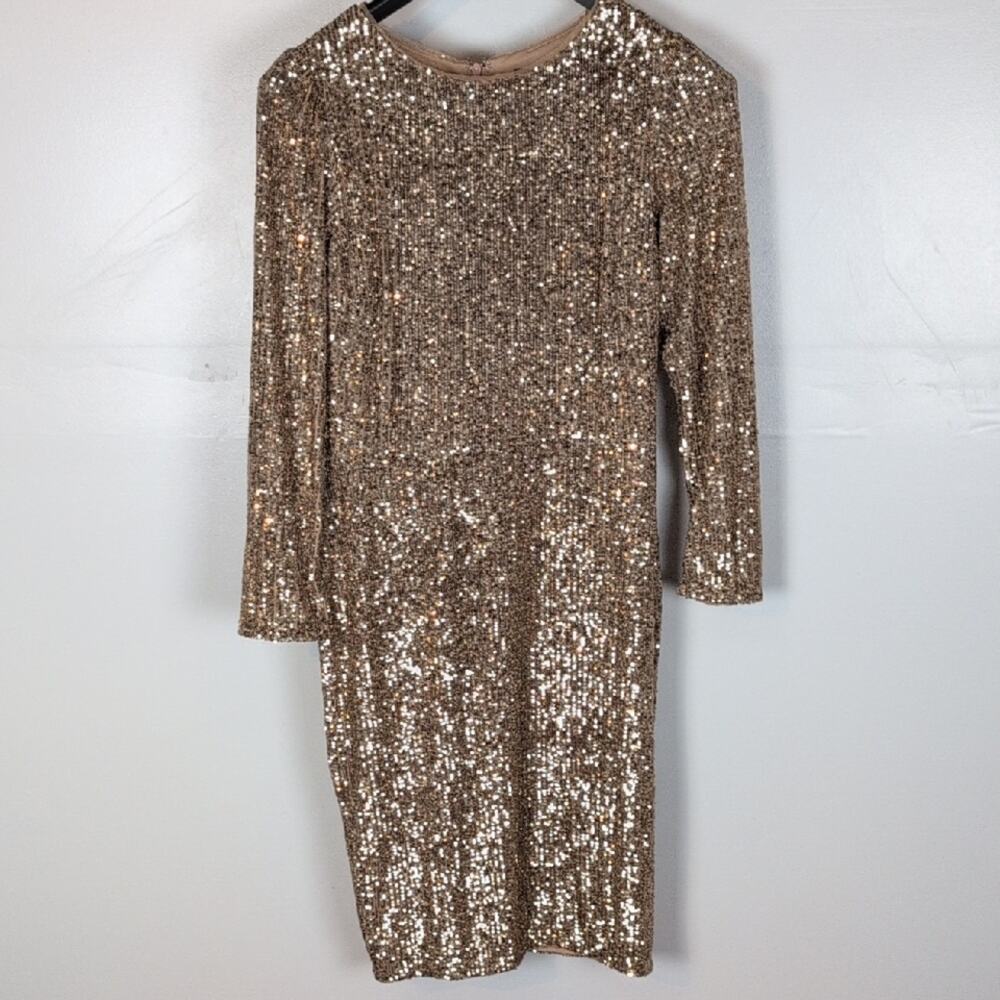 Xscape Long Sleeve Gold Sequin Sheath Dress